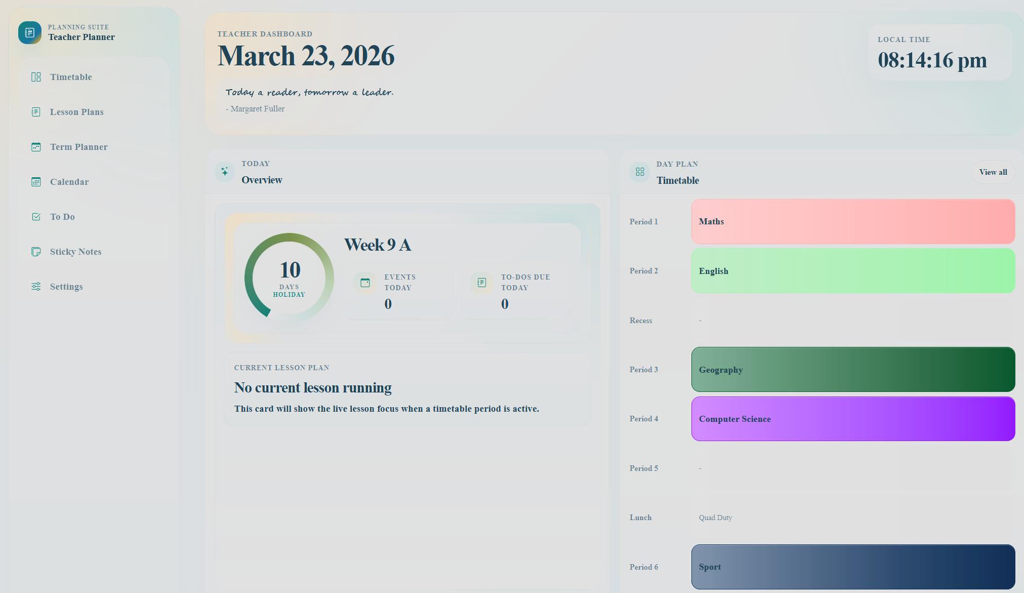 Dashboard preview of the Online Teacher Planner