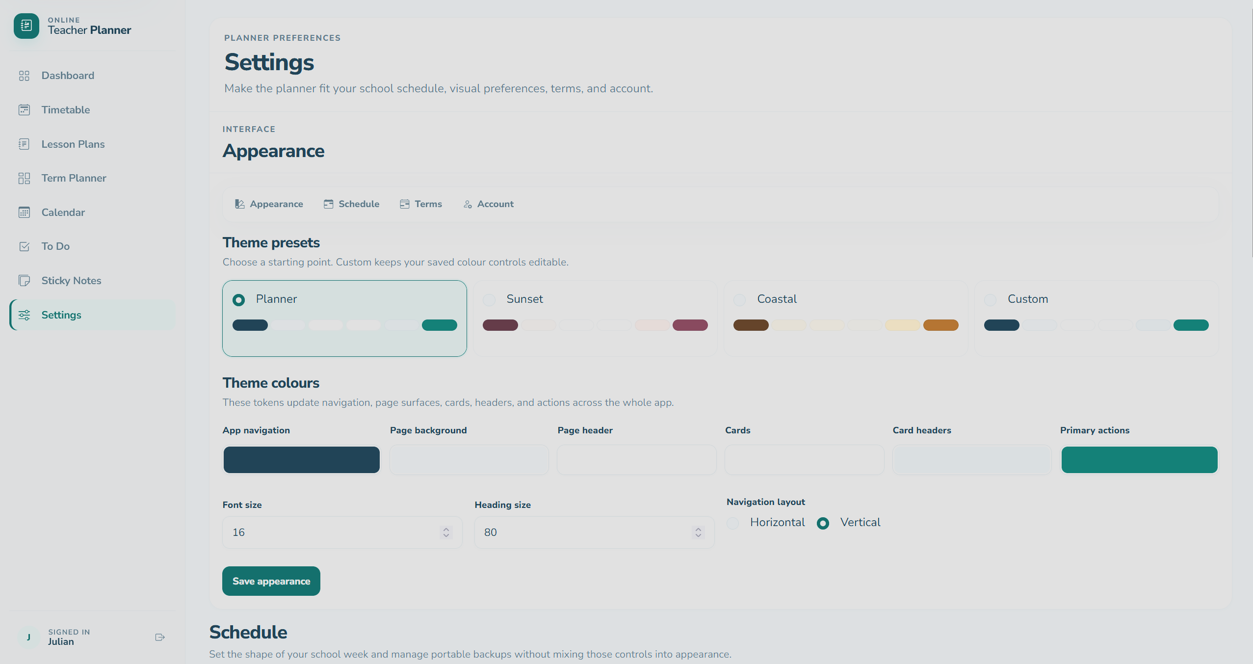 Teacher planner settings screen
