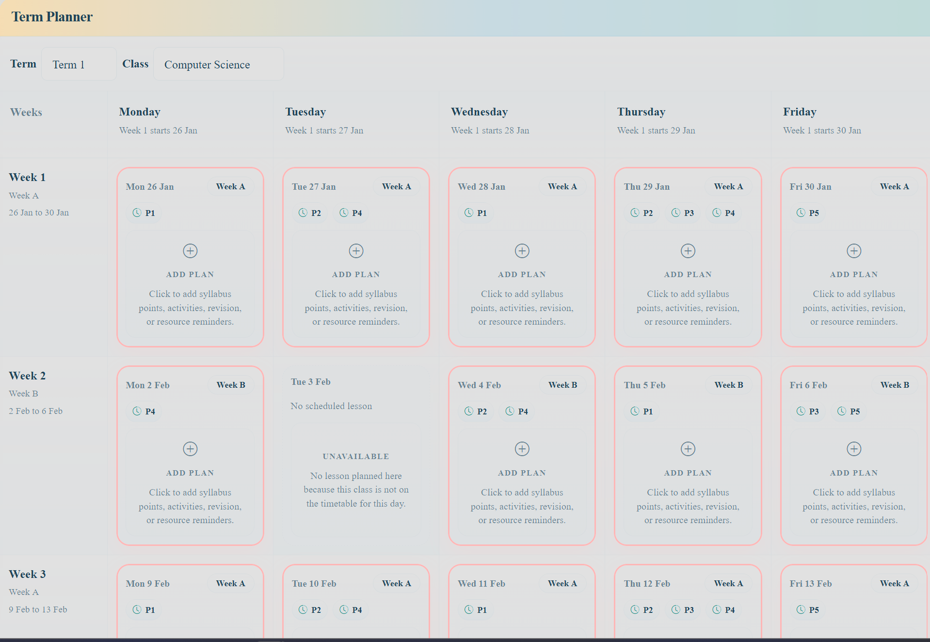 Term planner preview of the Online Teacher Planner