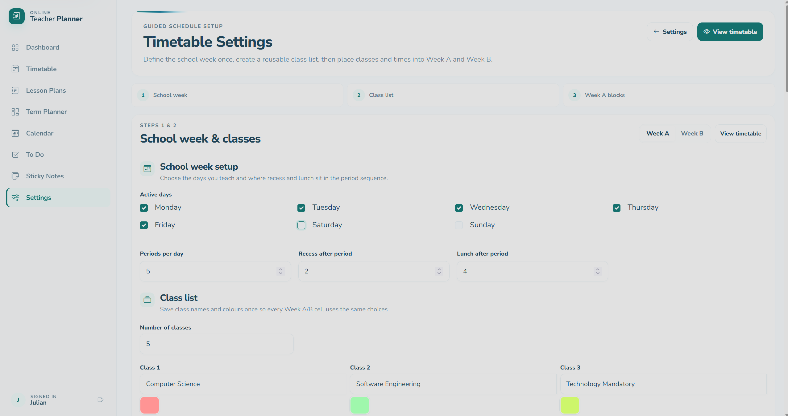 Teacher planner timetable settings screen