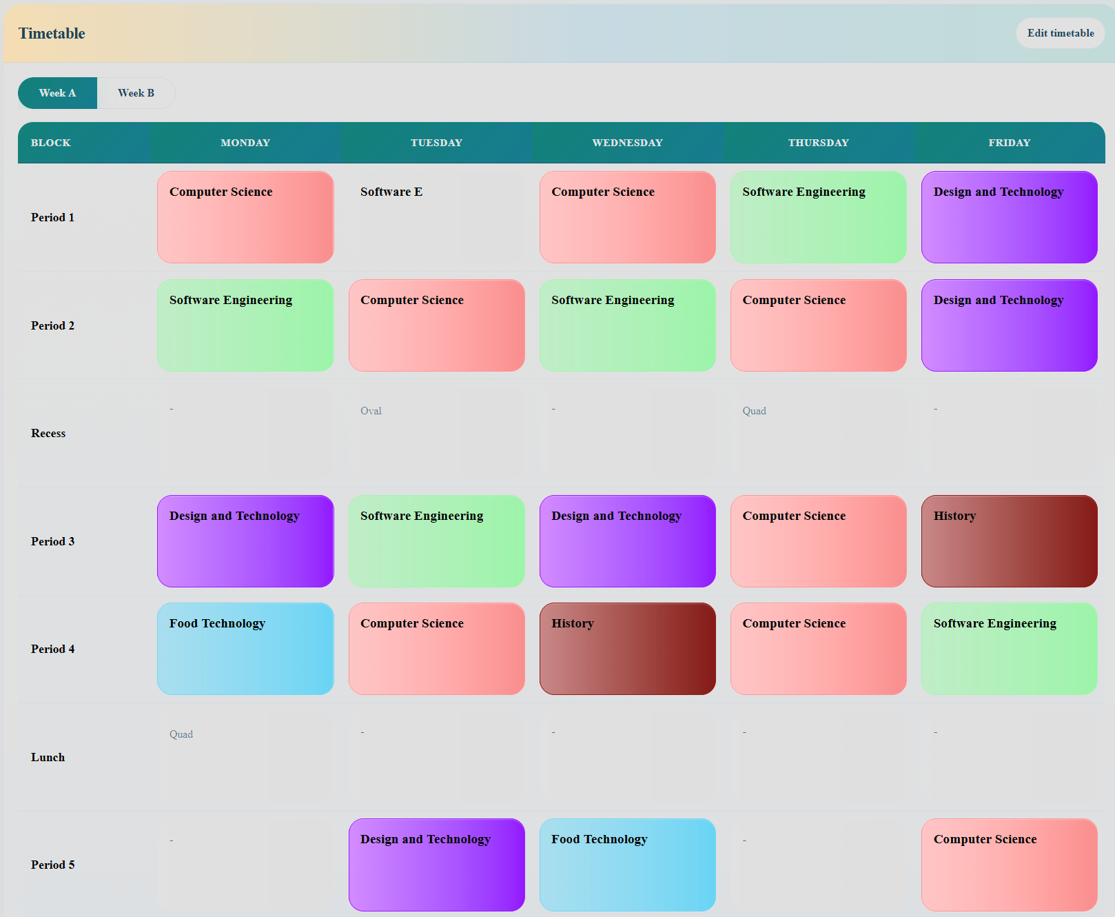Timetable preview of the Online Teacher Planner